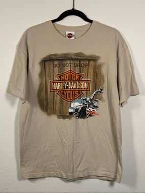 Harley-Davidson Tan Tee with Orange Logo and Motorcycle Graphic